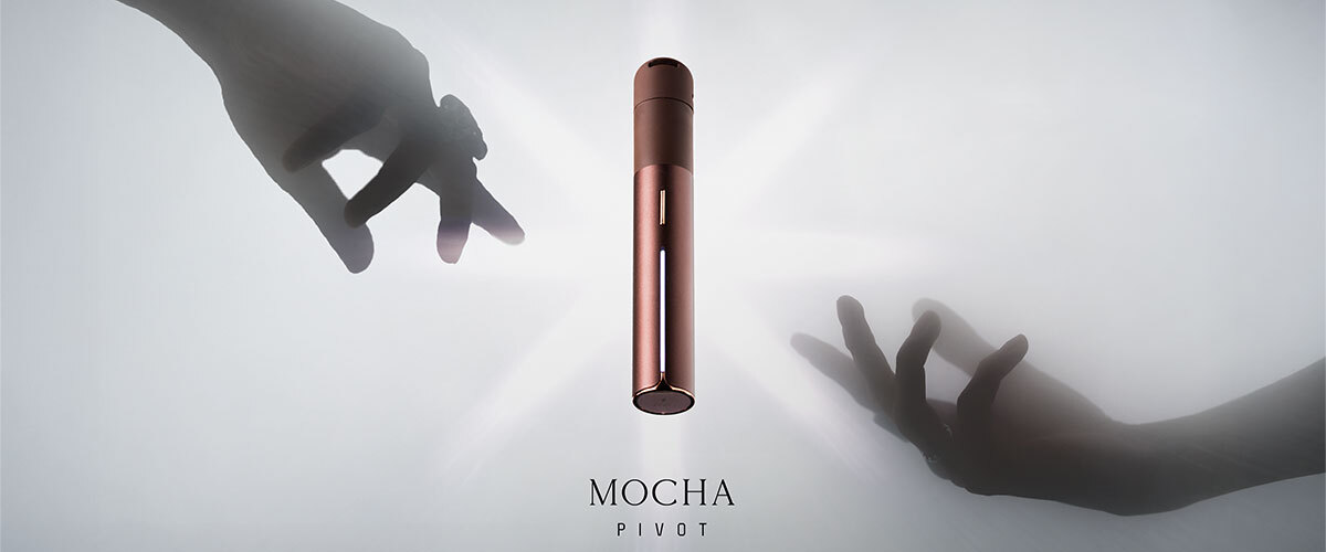 Puffco Pivot hero image with a woman holding a Pivot on a dark, smoky background.