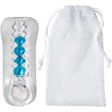 Pleasure pocket stroker next to its mesh drying pouch.