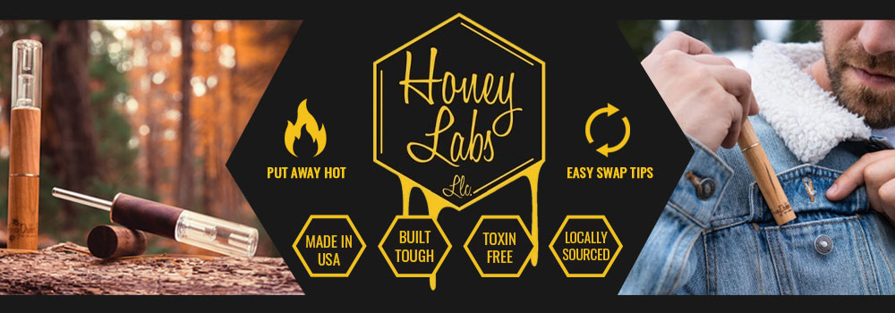 Honey Labs products flanking their logo with bullet-point facts.