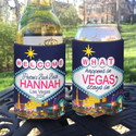 Personalized Country Bachelor Party Can Koozies® or Neoprene Coolies - What Happens in Vegas Blue Cityscape