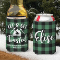 Personalized Mountain Camping Koozies® or can neoprene coolies - Let's Get Toasted Green Plaid script