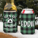 Personalized Mountain Camping Koozies® or can neoprene coolies - Let's Get Toasted Green Plaid print