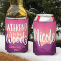 Personalized Weekend in the Woods Ski Camping Koozies® or can neoprene coolies - Pink Watercolor Mountains script