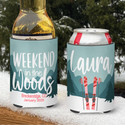 Personalized Weekend in the Woods Ski Koozies® or can neoprene coolies - Teal Watercolor Ski Mountains