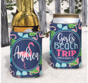 Personalized Beaches Booze and Besties Vacation Can Coolie or Koozies® Navy Flamingos and Bikinis