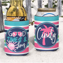 Personalized Good Times and Tan Lines Beach Vacation Can Coolie or Koozies® Pink Striped Sunshine