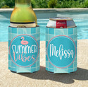 Personalized Summer Vibes Pool Party Can Koozies® or coolies - Flamingo Float script