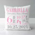 girls  birth announcement pillow with pink and grey footprints