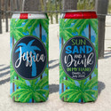 Personalized slim can koozies - blue tropical palms coolies - sun sand and a drink in my hand - script