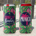 Personalized Pink Tropical Beach Vacation Bachelorette Party Slim Can Coolies - Drink Up Beaches - print