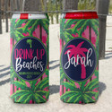 Personalized Pink Tropical Beach Vacation Bachelorette Party Slim Can Coolies - Drink Up Beaches - script
