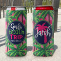 Personalized Pink Tropical Beach Vacation Bachelorette Party Slim Can Coolies - Girls Beach Trip - script
