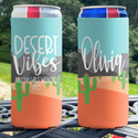 Personalized Beach Vacation Slim Can Coolies - Good Times and Tan Lines - Ombre Sunset Stripe - script