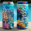 Personalized Tropical Reef Beach Vacation Slim Can Coolies - Tropic Like it's Hot - script