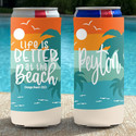 Personalized Tropical Beach Vacation Slim Can Coolies - Life is Better at the Beach - Teal and Orange Sunset Stripe - script