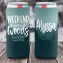 Personalized Mountain Ski Vacation Slim Can Coolies - Teal Weekend in the Woods - print