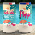 Personalized Tropical Beach Vacation Slim Can Coolies - Retro Beach Sunset - print