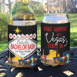 Personalized Country Bachelor Party Can Koozies® or Neoprene Coolies - What Happens in Vegas Cityscape