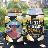 Personalized Cheers and Beers to However Many Years Photo Birthday Standard Can Koozies® or Neoprene Coolies