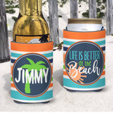 Personalized Life is Better at the Beach Vacation Can Koozies® or coolies - Teal Orange Striped