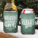 Personalized Weekend in the Woods Ski Camping Koozies® or can neoprene coolies - Green Watercolor Mountains print