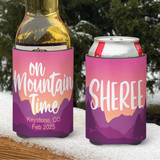 Personalized On Mountain Time Ski Camping Koozies® or can neoprene coolies - Pink Watercolor Mountains print