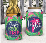 Personalized Beach Vacation Can Coolie or Koozies® Life is Better at the Beach Pink Palms print