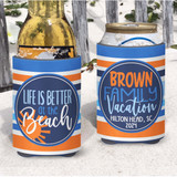 Personalized Family Beach Vacation Can Coolie or Koozies® Orange and Blue Striped Sunshine