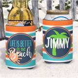 Personalized Life is Better at the Beach Vacation Can Coolie or Koozies® Orange and Teal Striped Sunshine