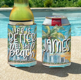 Personalized Beach Vacation Can Koozies® or coolies - Watercolor Beachfront print