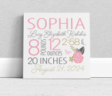 Canvas Art Print - Baby's Birth Stats Birth Announcement - Pink Floral Script