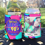 Personalized Photo 50th Birthday Standard Can Koozies® or Neoprene Coolies in 90s Retro Pink Party Favors