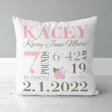 Girls Floral Birth Announcement Pillow - pink silver and sage