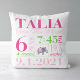 Girls Circus Elephant Birth Announcement Pillow - bright pink and green