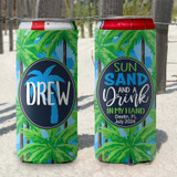 Personalized slim can koozies - blue tropical palms coolies - sun sand and a drink in my hand - print