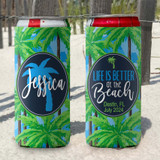 Personalized slim can koozies - blue tropical palms coolies - life is better at the beach - script