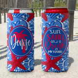 Personalized Blue Tropical Beach Vacation Slim Can Coolies -Sun Sand and a Drink in My Hand - script
