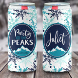 Personalized Mountain Ski Vacation Slim Can Coolies - Party on the Peaks - script