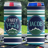 Personalized Mountain Ski Vacation Slim Can Coolies - Blue and Green Striped