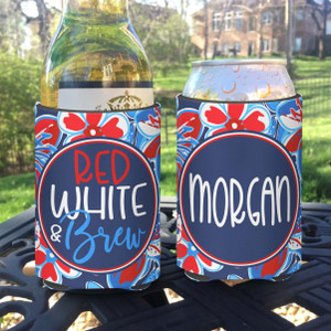 Personalized Bachelor Party Can Koozies® or Neoprene Coolies - Red White and Brew Floral print