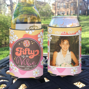 Personalized 50 is a Vibe Photo 50th Birthday Standard Can Koozies® or Neoprene Coolies in 70s Retro Pink and Orange Floral