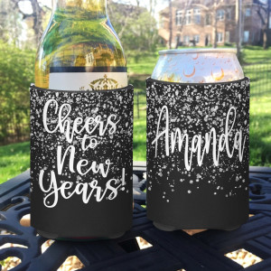 Personalized New Year's Eve Can Coolie or Koozies® - Cheers to New Years - Silver Glitter