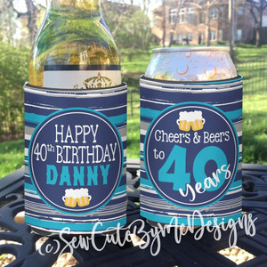Personalized Cheers and Beers Birthday Party Standard Beer Can Koozies® or Neoprene Coolies - Small Blue Gray Striped