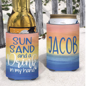 Personalized Beach or Lake Vacation Can Coolie or Koozies® Sun Sand and a Drink in My Hand Blue Sunset print