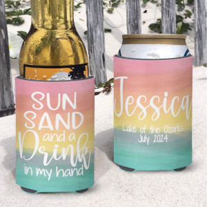 Personalized Beach or Lake Vacation Can Coolie or Koozies® Sun Sand and a Drink in My Hand Pastel Sunset