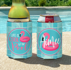Personalized Pool Party Can Coolie or Koozies® - Life is Cool by the Pool Flamingo Floatie