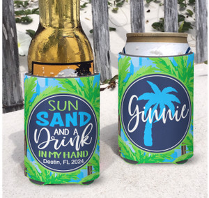 Personalized Beach Vacation Can Coolie or Koozies® Sun Sand and a Drink in My Hand Blue Palms script