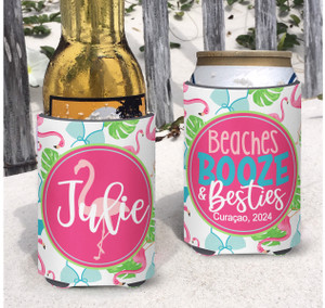 Personalized Beaches Booze and Besties Vacation Can Coolie or Koozies® Flamingos and Bikinis