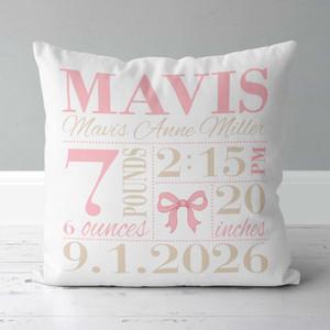 Girls Bow Birth Announcement Pillow - Blush and Beige