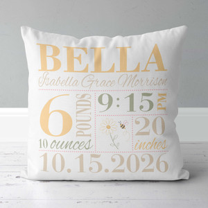 Girls Little Bee Birth Announcement Pillow - Pale Yellow, Beige and Sage Green